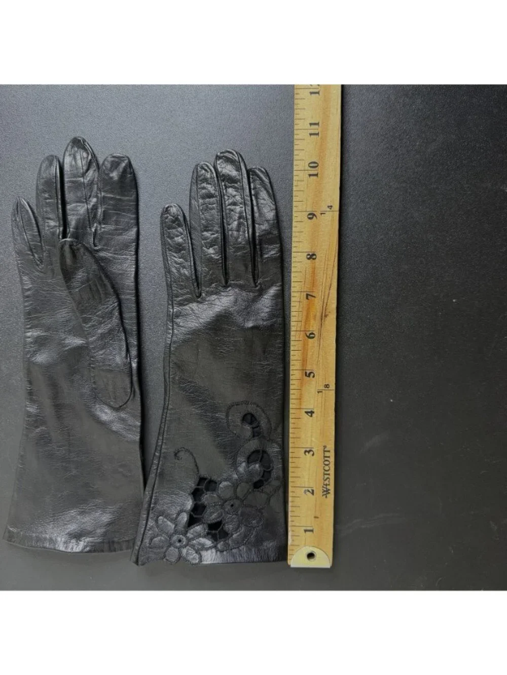 Vintage Black Cutwork Faux-Leather Gloves, Sheer Floral Cutouts